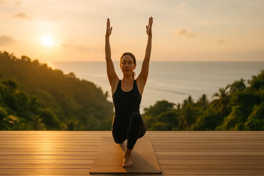 500-hour yoga teacher training in Bali during sunrise, advanced flow on wooden deck with jungle and ocean view