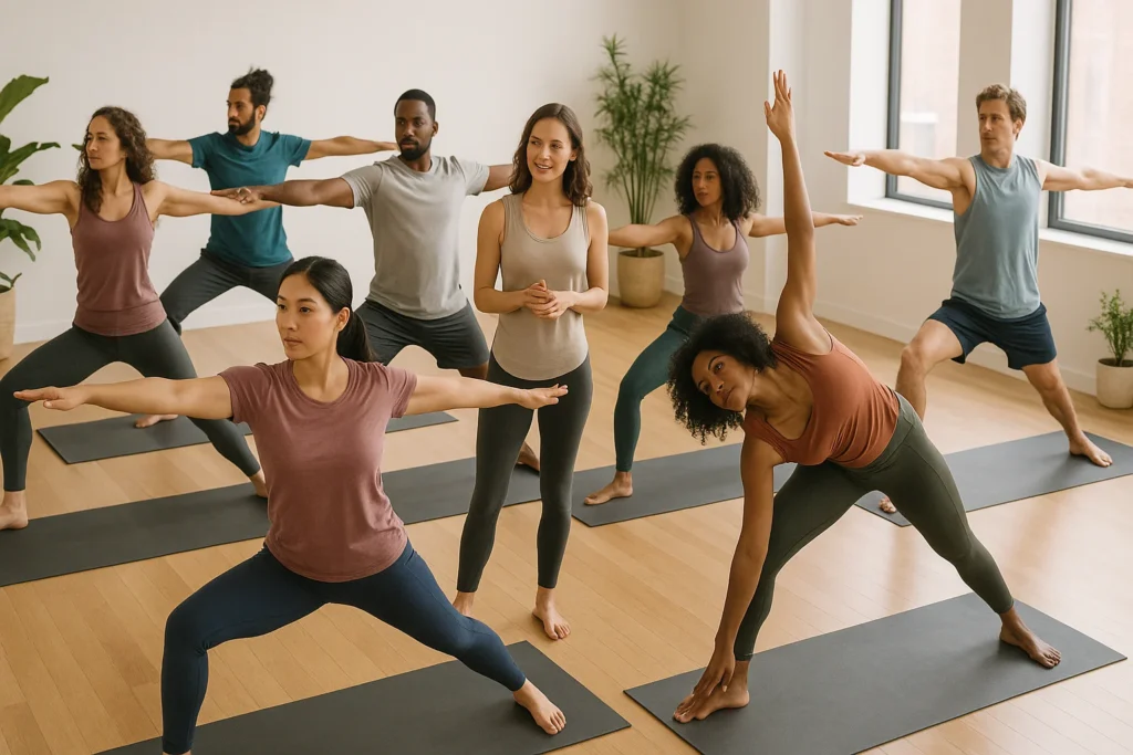 Yoga teacher training curriculum in action with students practicing guided poses in a studio