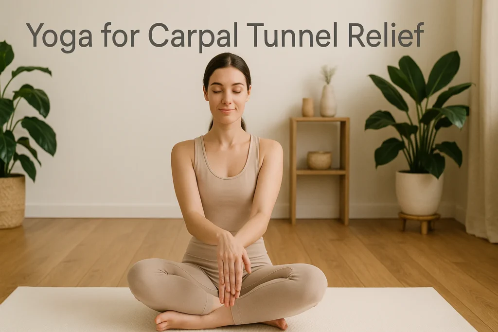 Woman practicing yoga for carpal tunnel relief on a mat in a serene home studio with natural light and plants