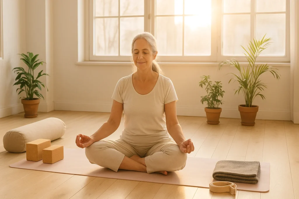 Gentle yoga sequences for flexibility with props in a bright, calming studio