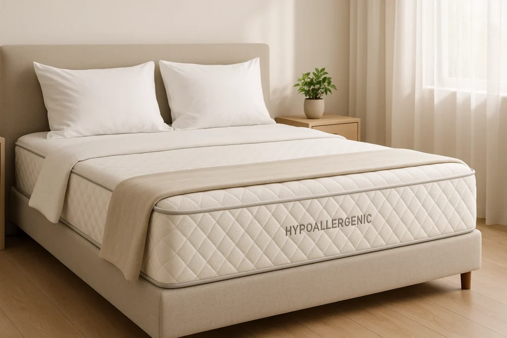 Hypoallergenic mattress displayed on a neatly made bed in a bright neutral bedroom