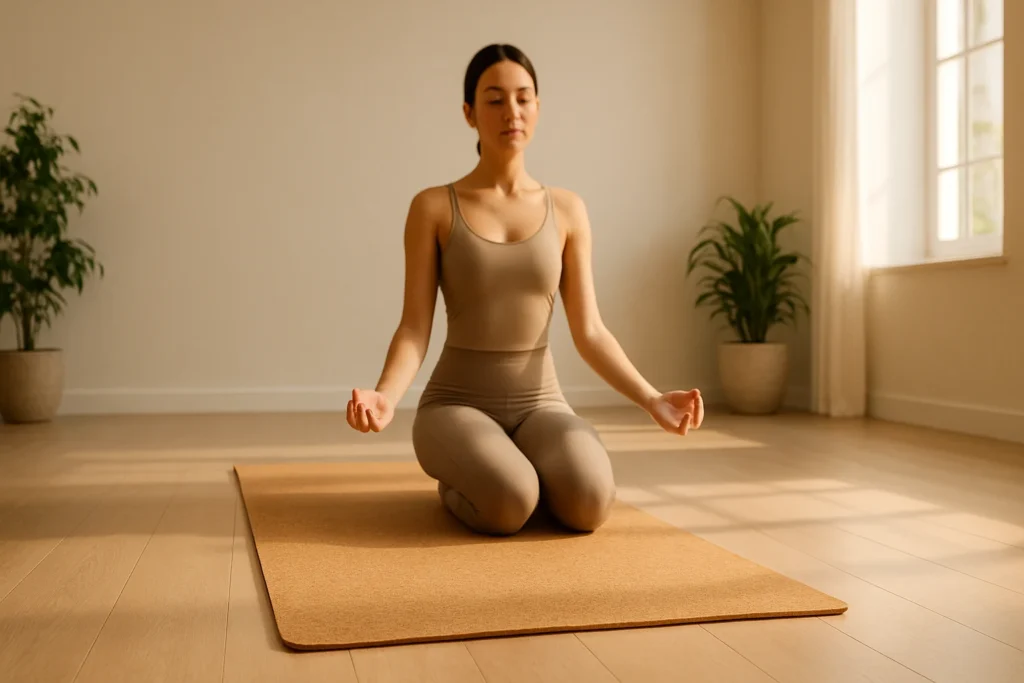 Woman meditating on a hypoallergenic cork yoga mat in a bright minimalist studio with natural sunlight and indoor plants