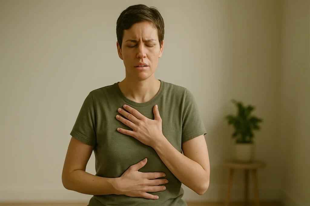 Person using mindfulness breathing to calm panic attack in a quiet indoor setting
