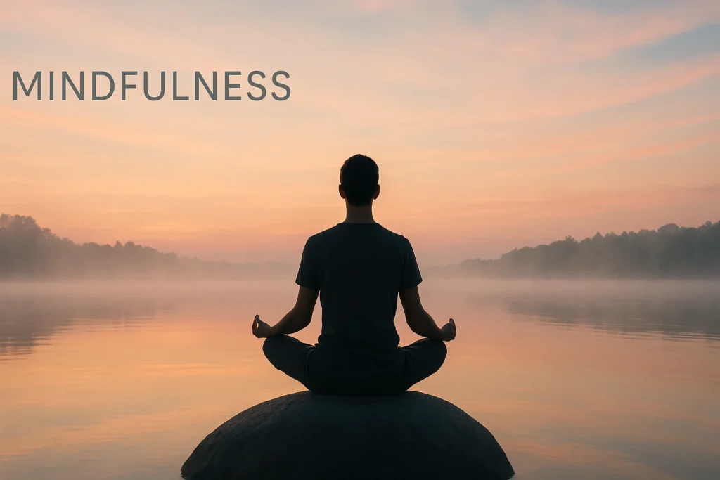 Person practicing mindfulness at sunrise by a serene lake — mindfulness techniques for stress relief