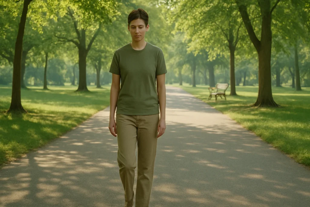 Person walking mindfully through quiet tree-lined path for active meditation