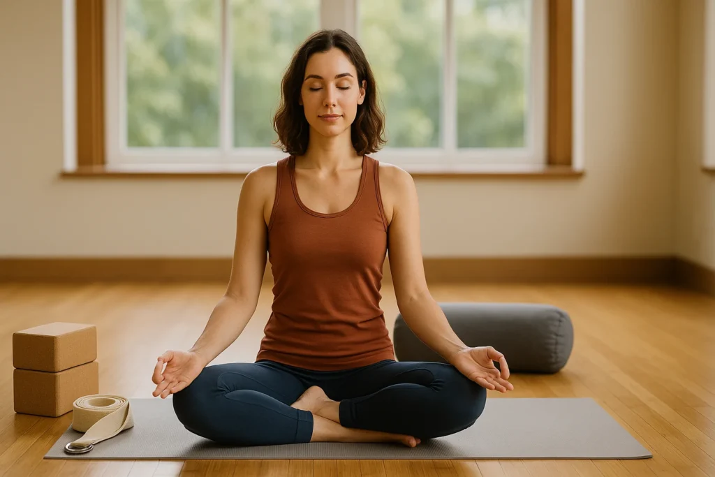 Serene yoga studio with props including blocks, strap, and bolster for safe and mindful yoga practice