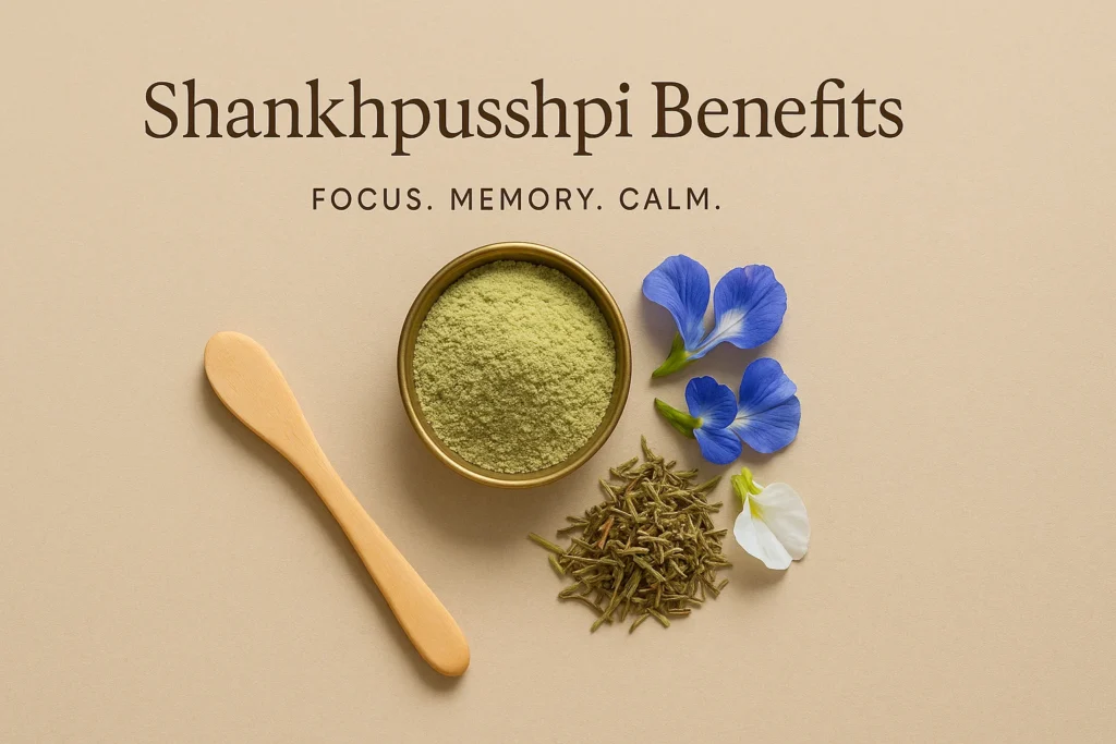 Shankhpushpi herb powder with fresh flowers on neutral background promoting focus, calm, and memory