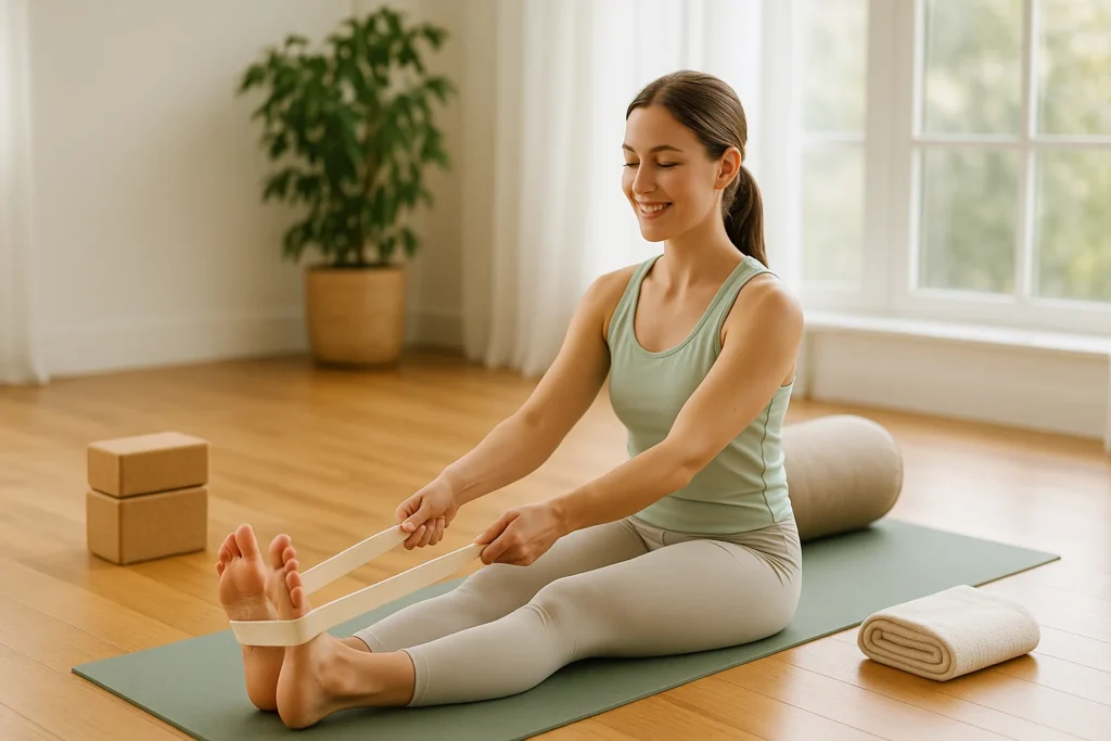 Beginner practicing yoga with strap, blocks, and bolster in a bright studio for flexibility guide