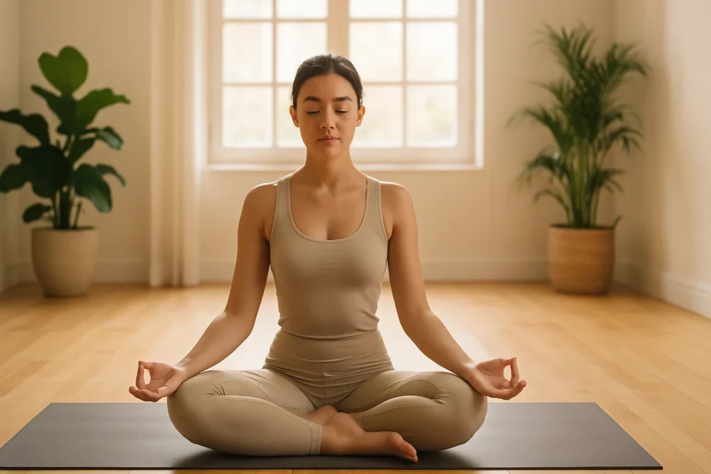Beginner practicing yoga hamstring stretches in a bright serene studio with natural light and green plants