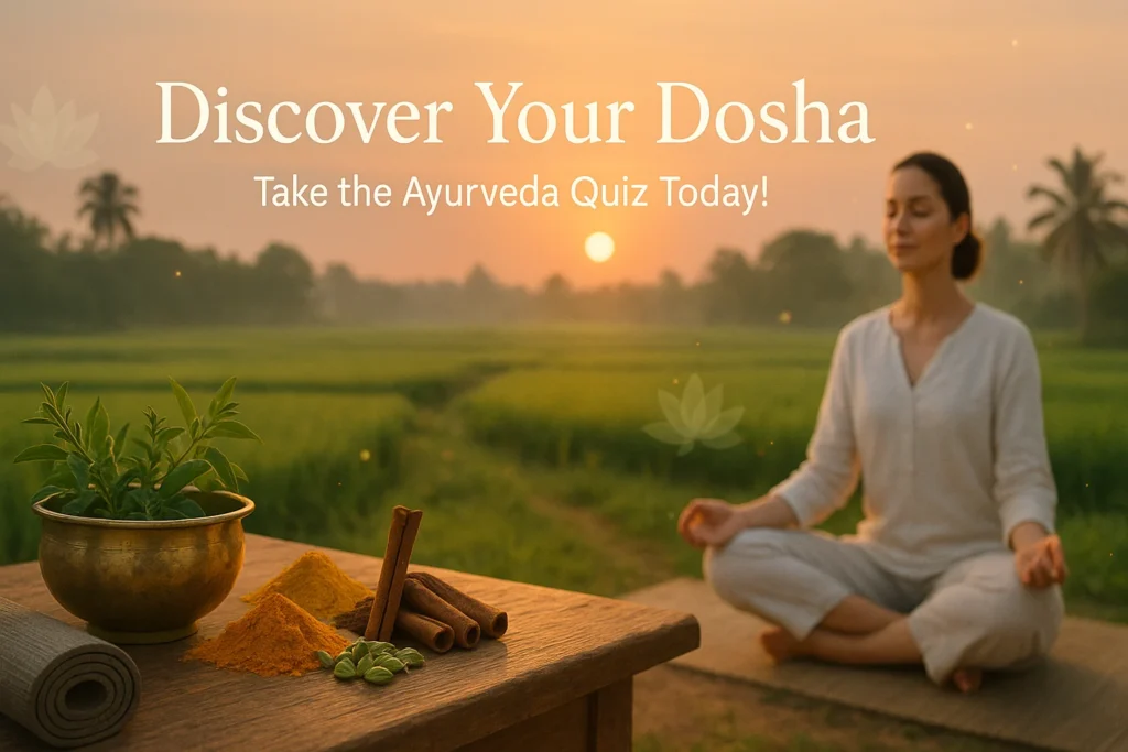 Ayurveda Doshas Quiz hero image with sunrise, herbs, spices, and a meditating woman for holistic wellness