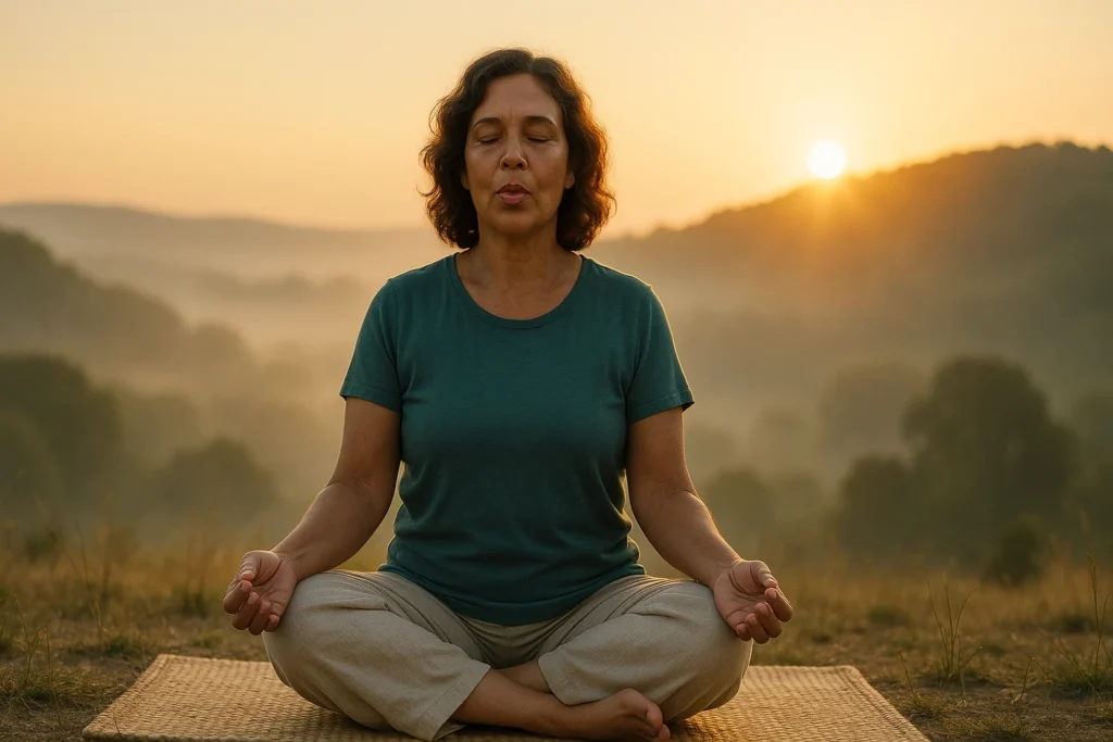Ayurveda menopause relief—midlife woman practicing yoga (Sukhasana) at sunrise in nature; holistic support for hot flashes