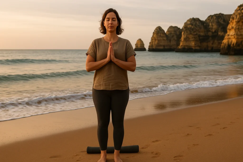 Beach yoga at sunrise in Lagos, Portugal with a centered yogi on golden sand, gentle Atlantic waves, and Algarve cliffs in warm natural light