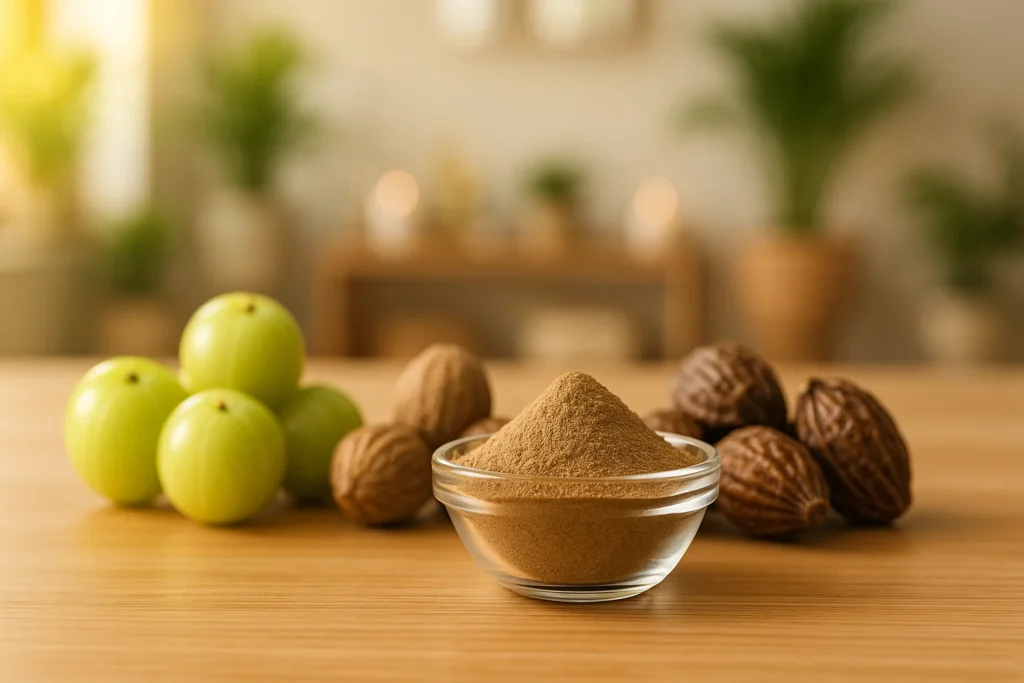 Triphala powder with Amalaki, Bibhitaki, and Haritaki fruits displayed in a serene Ayurvedic wellness setting