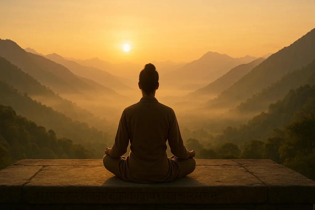 Serene sunrise over Himalayan valley with yogi in lotus pose reflecting on Patanjali's 196 Yoga Sutras