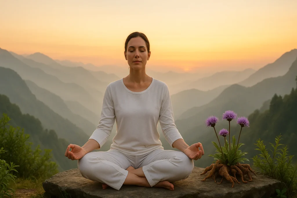 Jatamansi benefits for stress relief and better sleep in a serene Himalayan meditation setting