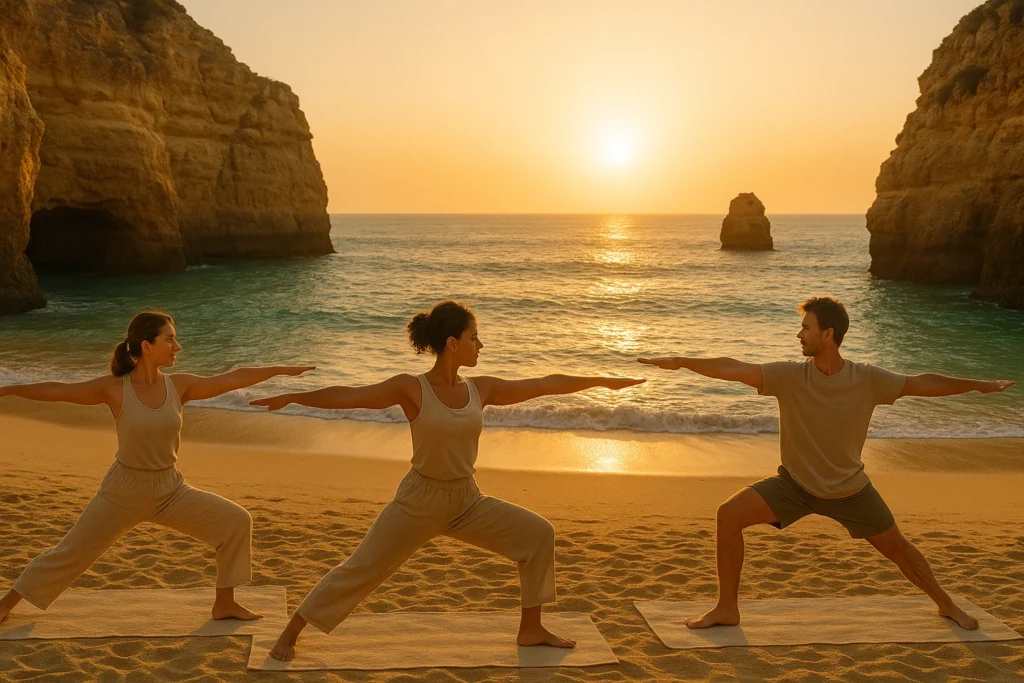 Sunrise yoga session at Portugal’s Praia da Marinha beach resort with Atlantic Ocean view and golden cliffs