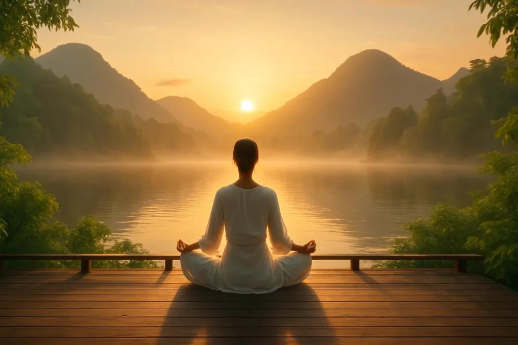 Tranquil yoga practice at sunrise during a silent retreat in nature