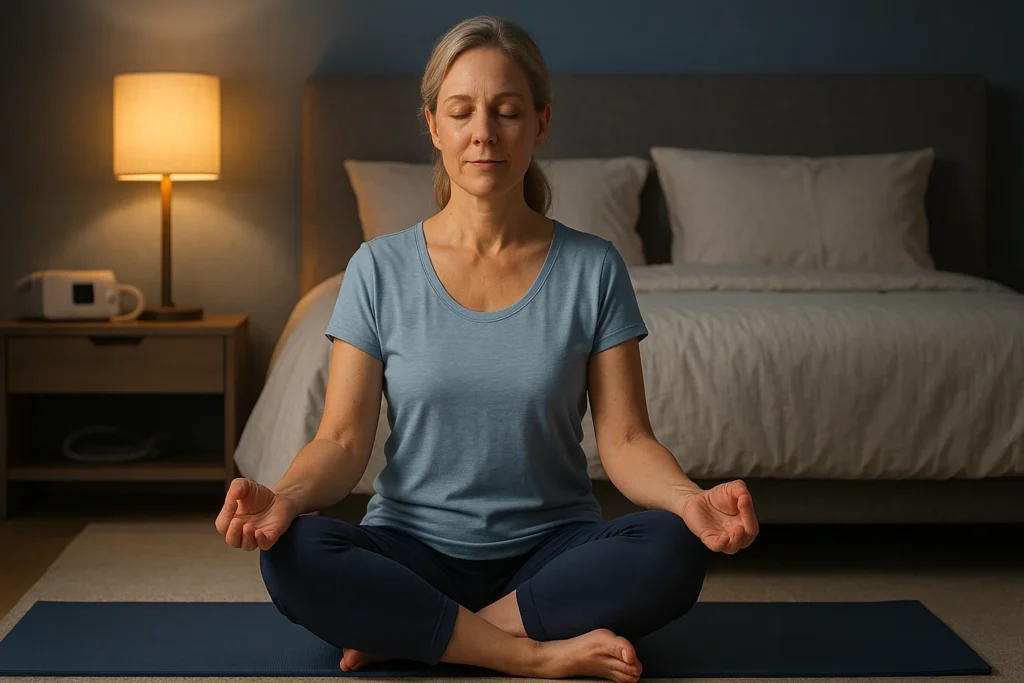 Middle-aged woman practicing gentle seated yoga before bed in a warmly lit bedroom, supporting sleep apnea relief.