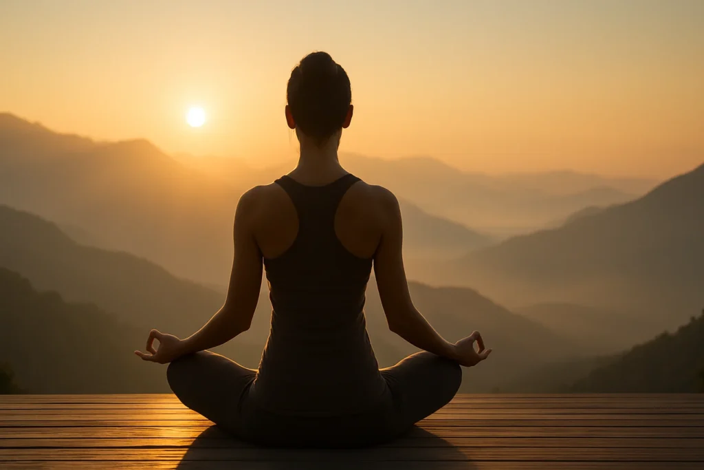 Serene sunrise yoga meditation in the Himalayas illustrating Yamas and Niyamas principles