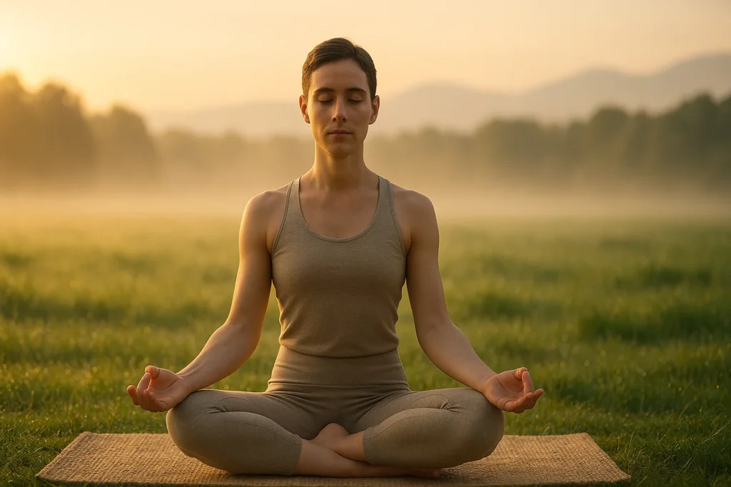 Serene yoga practitioner demonstrating perfect alignment principles in a peaceful nature setting