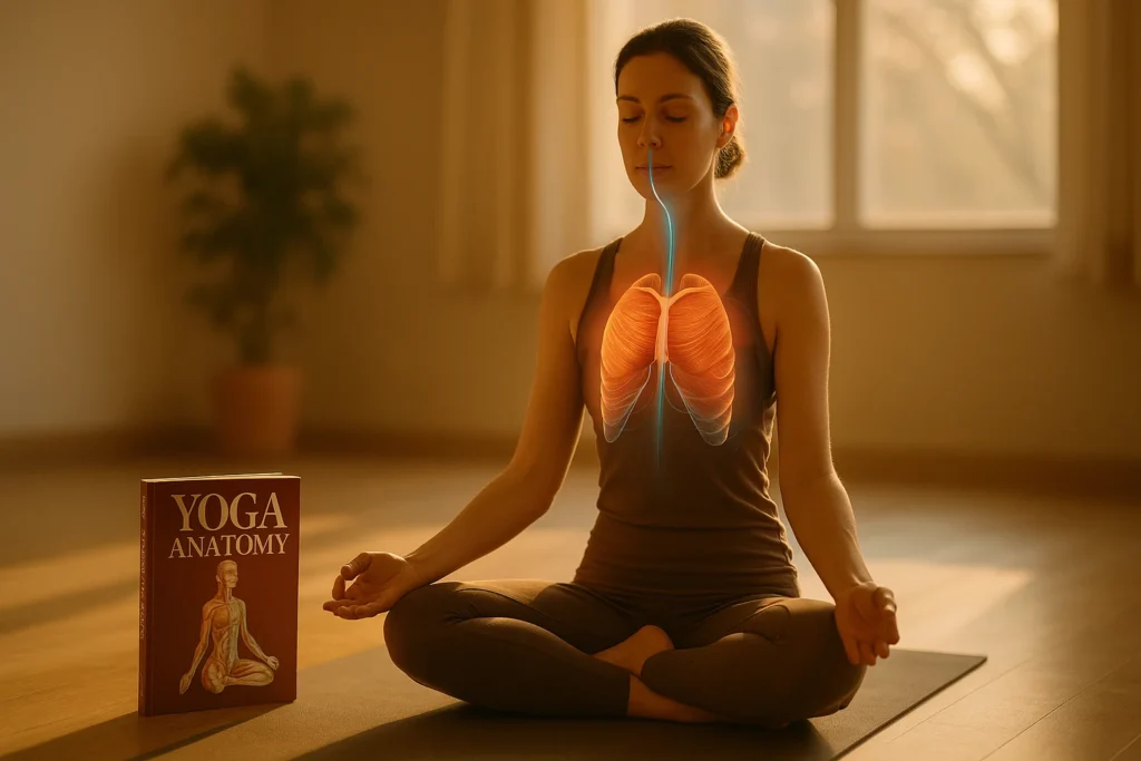 Yoga Anatomy book by Leslie Kaminoff with a yogi in Warrior II pose and anatomical muscle overlay, on a clean background for yoga anatomy blog header.