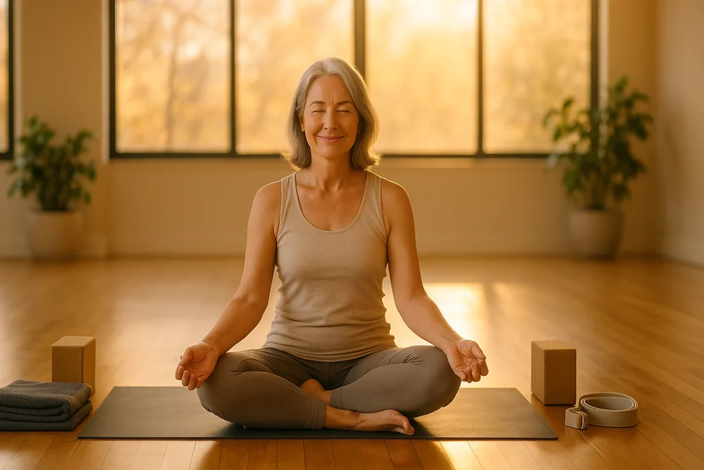 Gentle yoga for arthritis relief in a peaceful sunlit studio with props