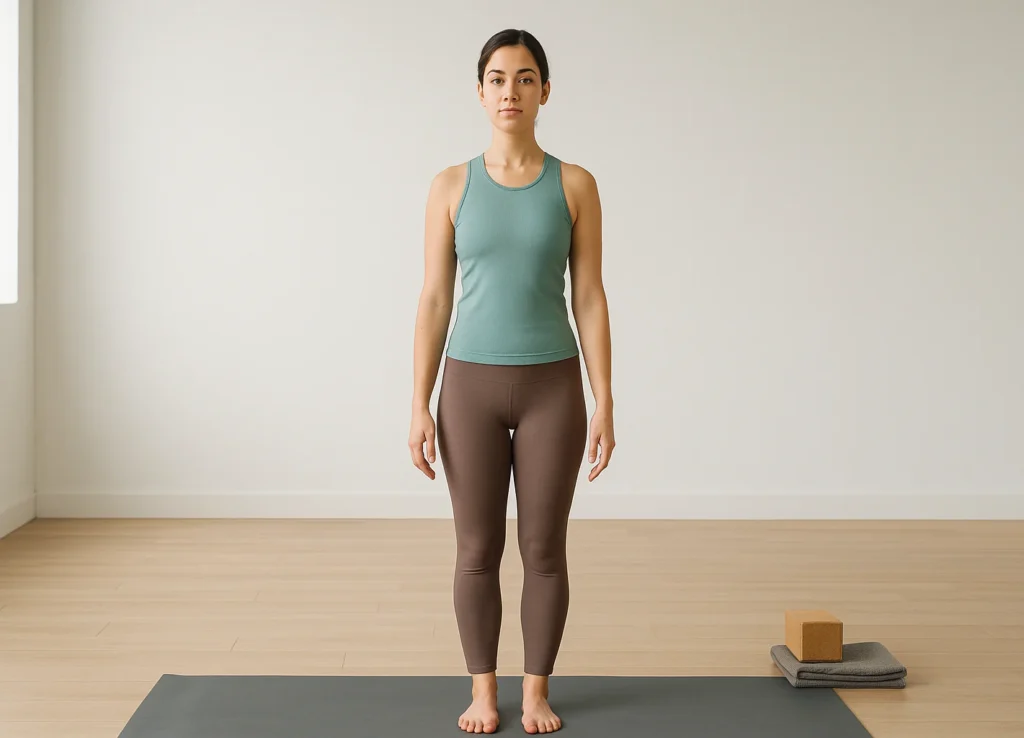 Yoga for hypermobile joints — centered Mountain Pose with micro-bend and core engagement in a bright minimalist studio, stability-focused yoga banner