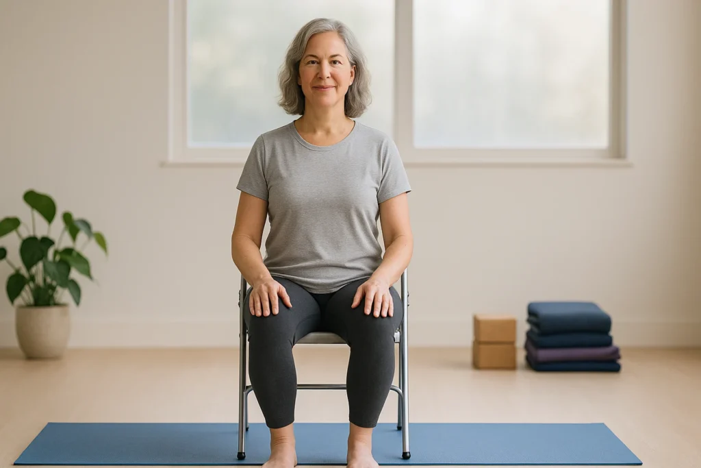 Adaptive yoga for multiple sclerosis—centered seated pose with chair in a calm sunlit studio, gentle props, soft blue-violet accents.