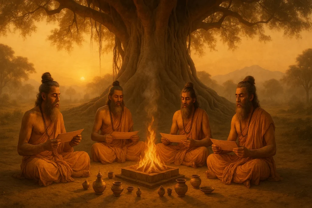 Vedic period yoga history timeline illustration with ancient sages performing rituals under a banyan tree