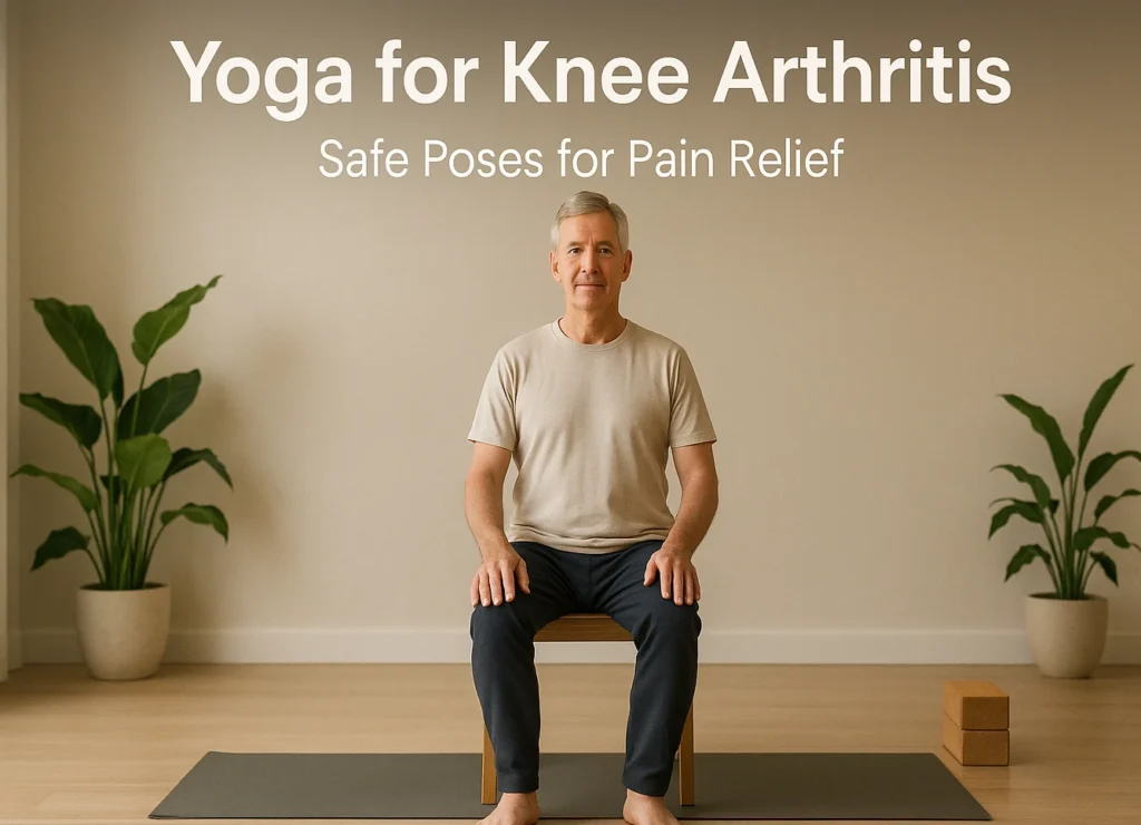 Older adult practicing chair yoga for knee arthritis pain relief in a serene home studio, centered composition with gentle morning light and supportive props.