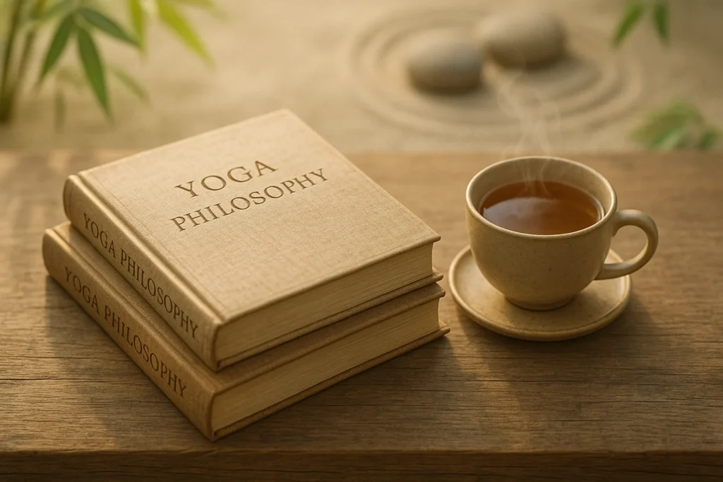 Yoga philosophy books for beginners stacked on a rustic wooden table with herbal tea and a zen garden background