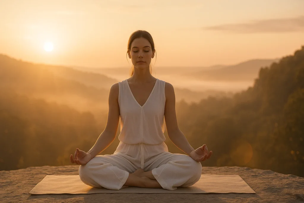Serene sunrise yoga meditation scene representing a yoga philosophy course
