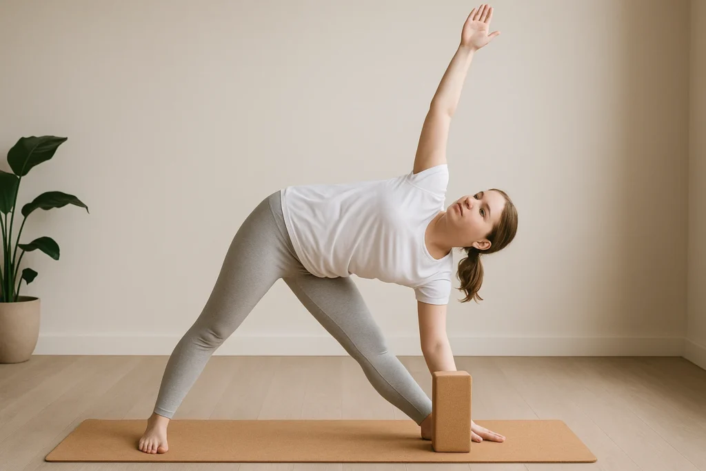 Affordable yoga prop set for beginners with cork blocks, cotton strap, bolster, and blanket neatly arranged on a yoga mat