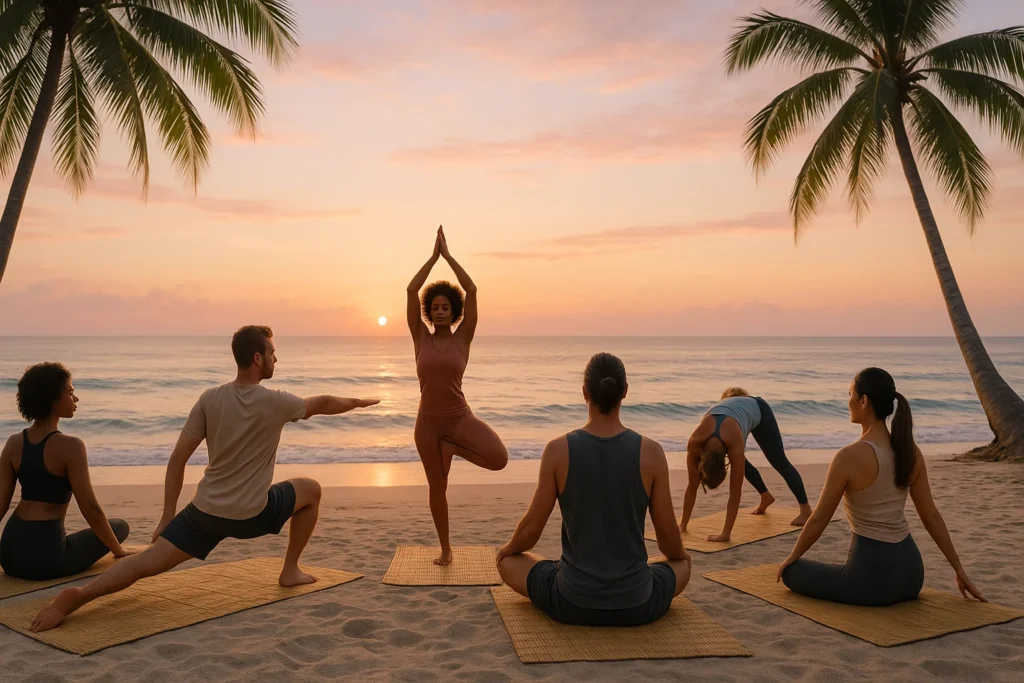 Serene sunrise yoga retreat on tropical beach with diverse group practicing poses facing the ocean under palm trees.
